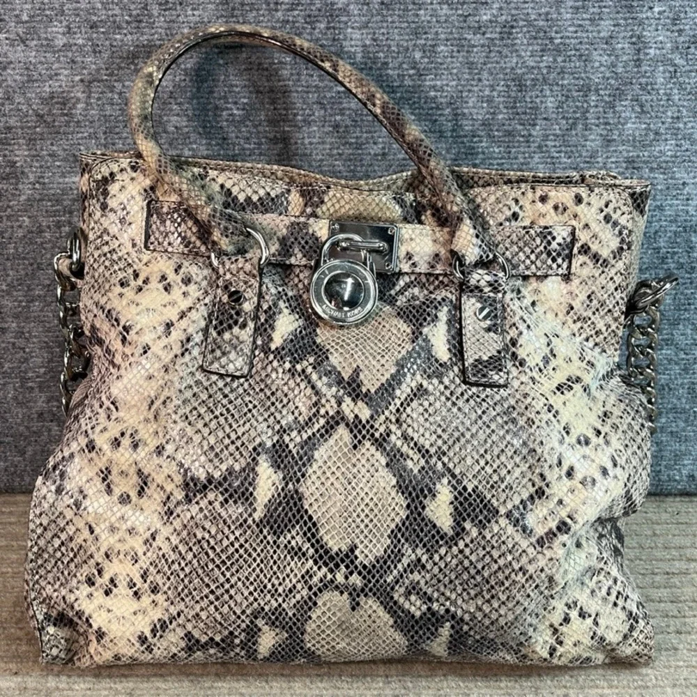 Michael Kors Hamilton Snakeskin Embossed Leather Satchel Bag Silver Hardware